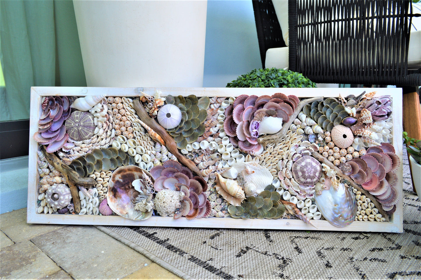 Handmade Sea Shells Coastal Wall Art 36x12" Seashells Driftwood Urchins Barnacles Coral Beach Décor Hanging Purple White Beige Seashell
