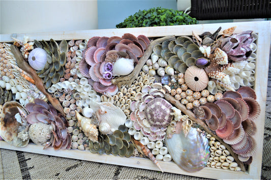 Handmade Seashell Wall Art: 36x12" Purple, White, & Beige Coastal Décor