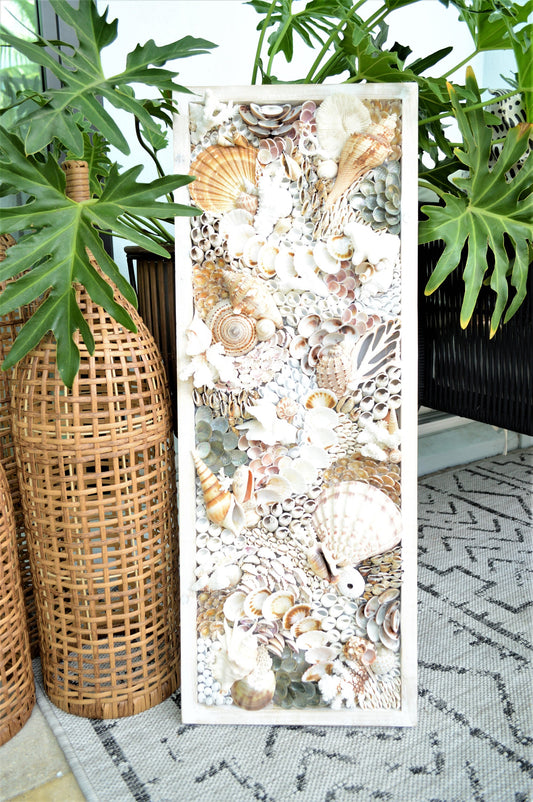 Handmade Seashell Wall Art: Neutral Coastal Décor Collage 36x12"