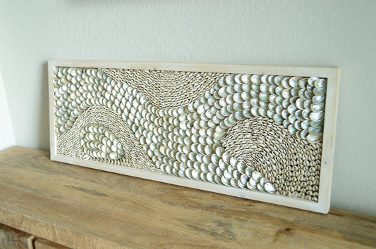 Minimalist Sea Shell Modern Coastal Wall Art 36x12" Framed Cowrie Abalone Seashells On Wood Textured Beach Hanging Beige Grey Silver