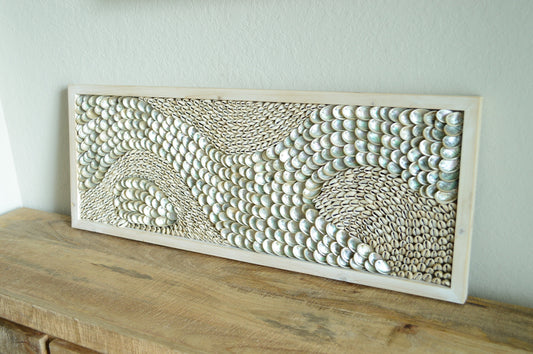 Minimalist Modern Coastal Shell Wall Art 36x12" Cowrie Abalone Silver Beige Décor