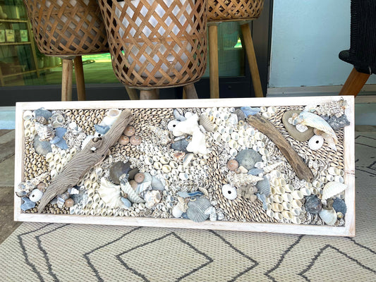 Shell Wall Art 36x12" Natural Driftwood Seashells Sea Urchins Coral Blue White