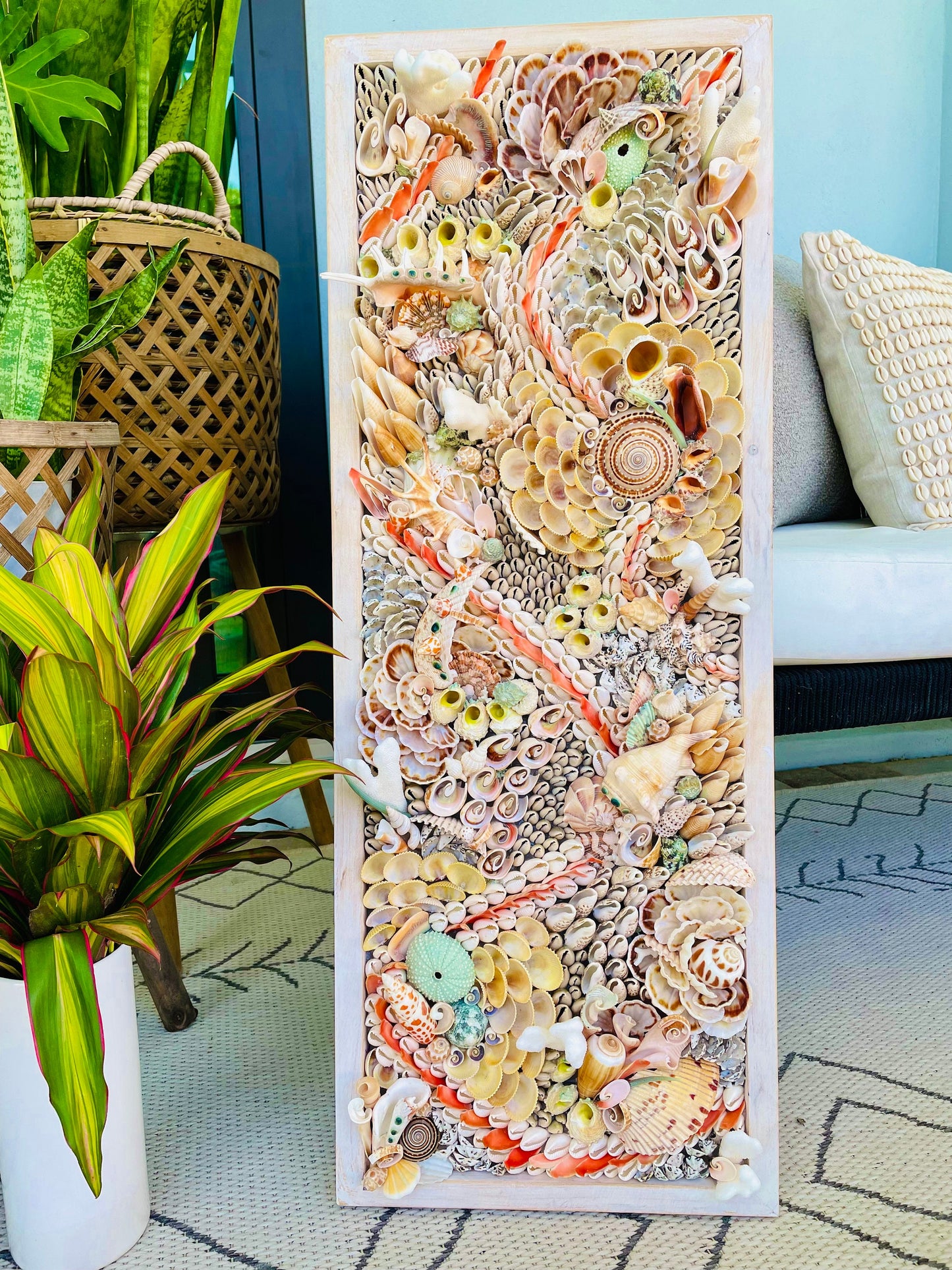 Handmade Abstract Sea Shell Coastal Wall Art 36x12" Natural Textured Seashells Urchins Coral Beach House Décor Lime Green, Orange & White