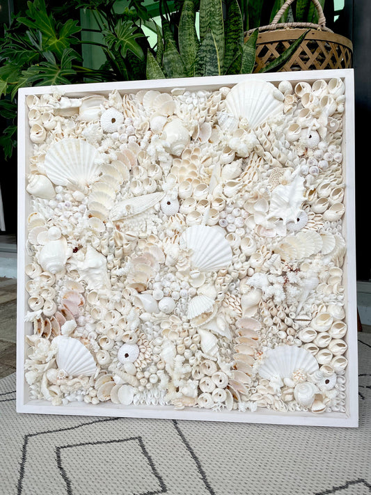 White Seashell Wall Art, Coastal Home Decor, Natural Coral & Urchin Collage