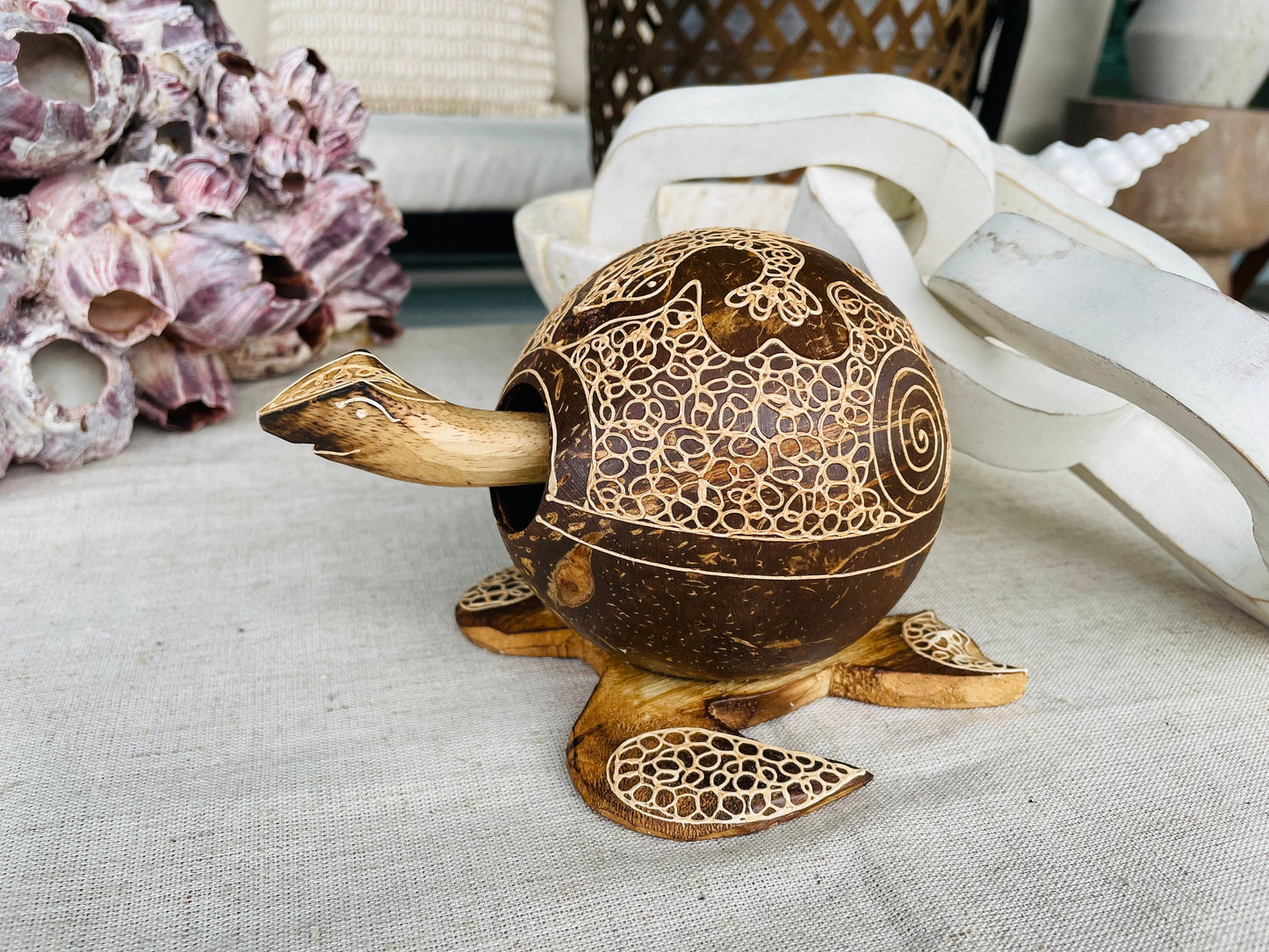 TURTLE LOVERS Handmade Carved Coconut Shell Bobbing Bobble Head Coastal Beach Gift Natural & Eco Friendly Kids Toy Organic Sustainable Décor