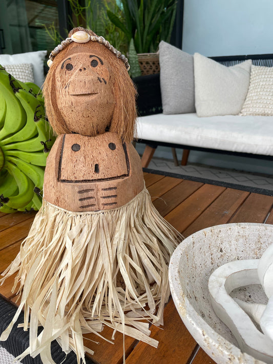 Handmade Coconut Monkey Doll, 15x6" Seashell & Raffia Coastal Décor