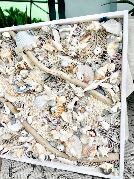 Handmade Coastal Shell Wall Art -Natural Driftwood & Shells, Blue White 24-30" Square