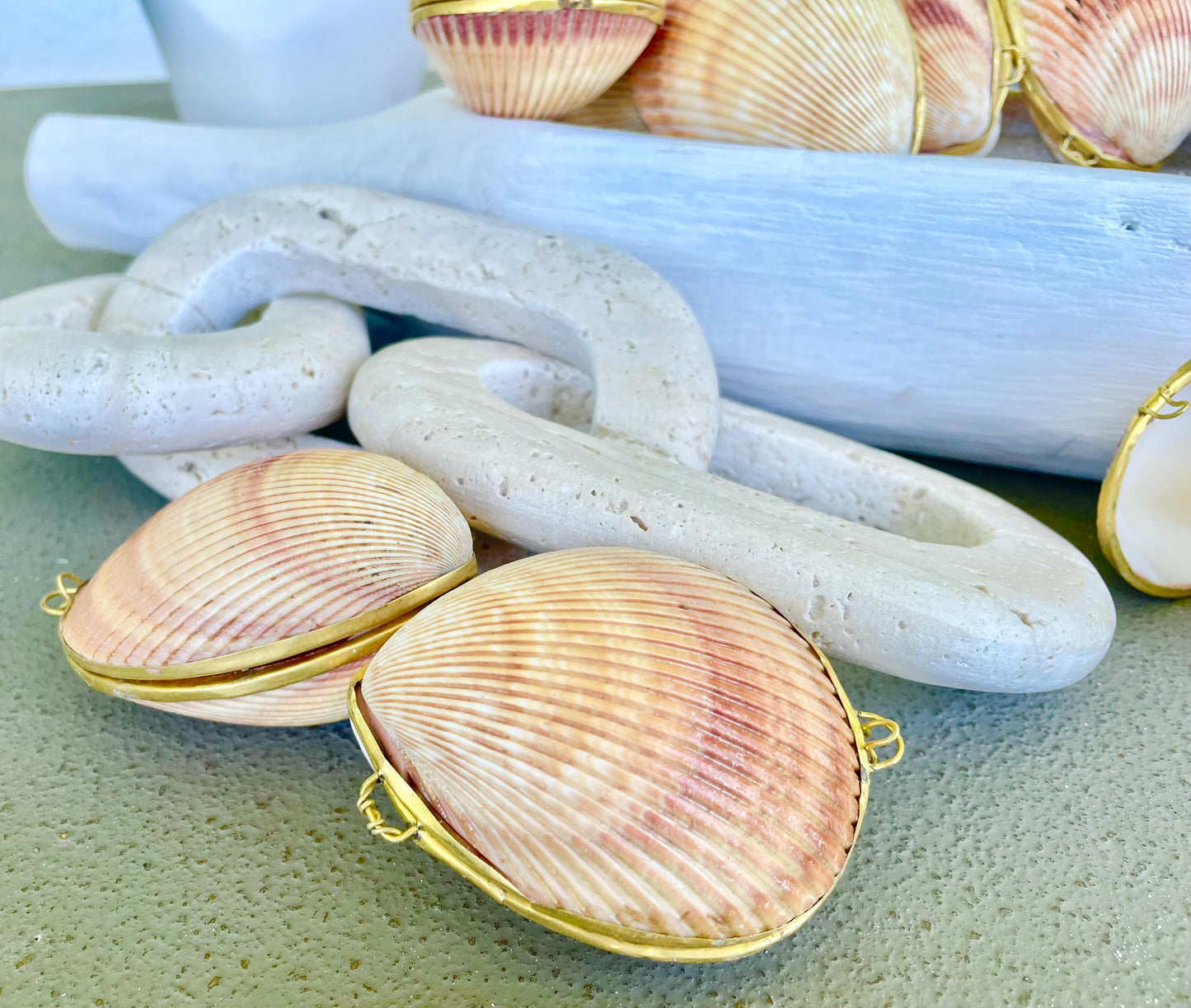 Authentic Vintage 3" Long Seashell Ring Box Brass Hinge Jewelry Elegant Trinket Pill Container Bearer Coastal Accessories Beige Tan Seashell
