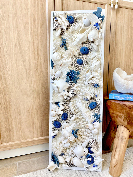 Santorini Seashell Wall Art: Textured Coastal Décor, 36x12 Blue White