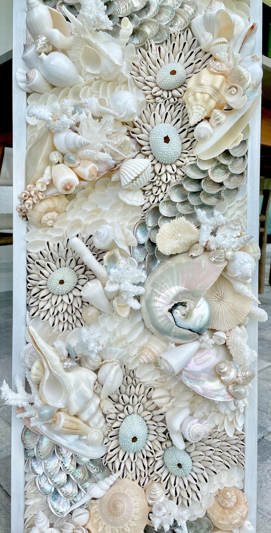 Powder Blue Pearl Seashell Modern Coastal Wall Art Natural Textured Sea shells Urchins Coral 36" x 12" Upscale Beach House Décor White Beige