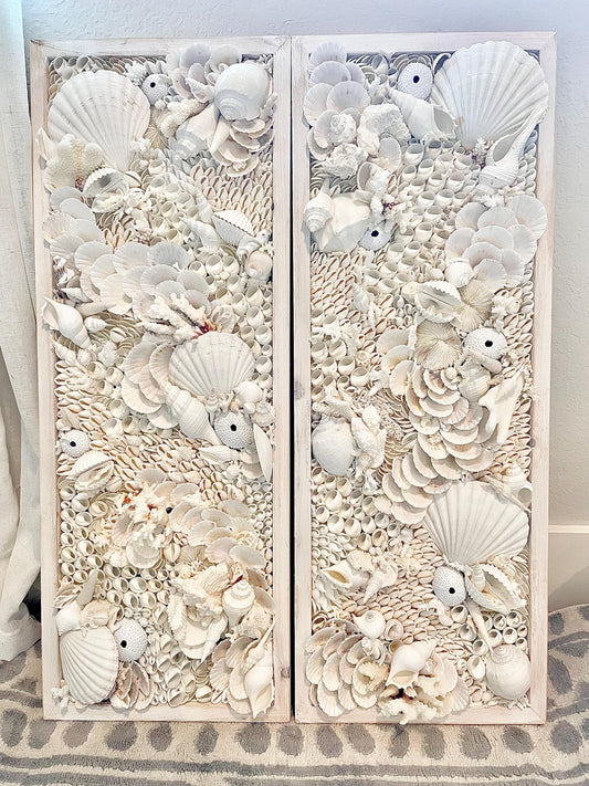 Organic Seashell Wall Art: Natural White Shells, Coral, Urchins 36”x12"