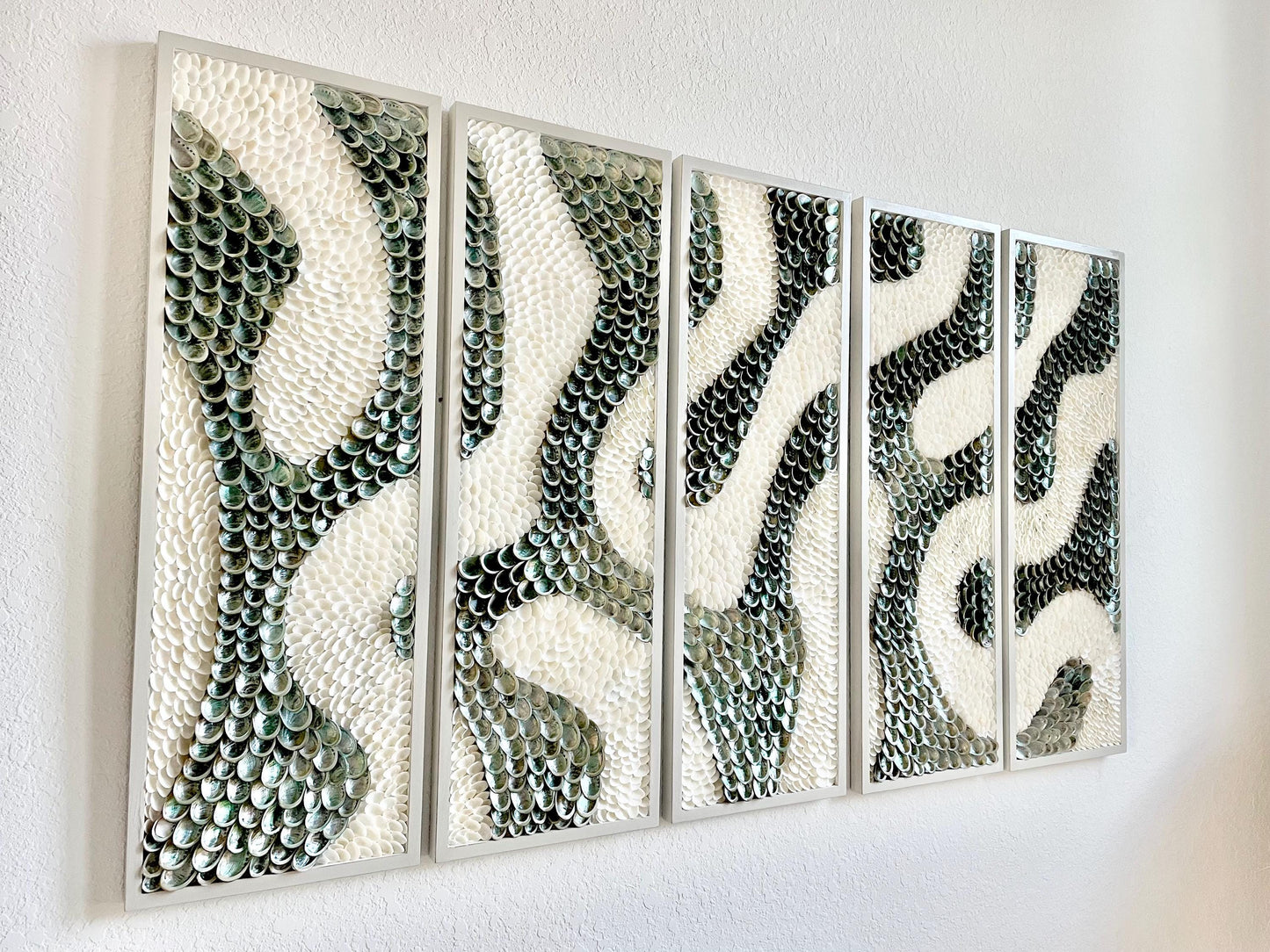 Minimalist Organic Shell Wall Art 5'x3' Modern Coastal Framed Abalone Clam Seashell Panels Textured Beach Hanging White Grey Silver
