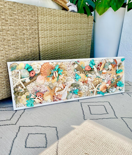 Seashell Collage Wall Art: Handmade 3-D Coastal Décor (12x36") Coral, Turquoise, White
