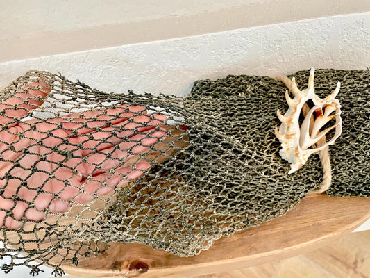 Recycled 4x9' Decorative Fish Net Green Grey Sliced Shell Coastal Beach Table Cloth Sustainable
