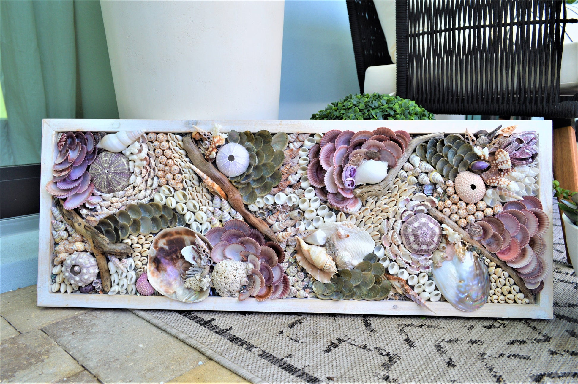 Handmade Sea Shells Coastal Wall Art 36x12" Seashells Driftwood Urchins Barnacles Coral Beach Décor Hanging Purple White Beige Seashell