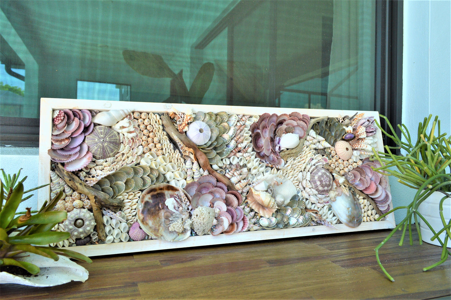 Handmade Sea Shells Coastal Wall Art 36x12" Seashells Driftwood Urchins Barnacles Coral Beach Décor Hanging Purple White Beige Seashell