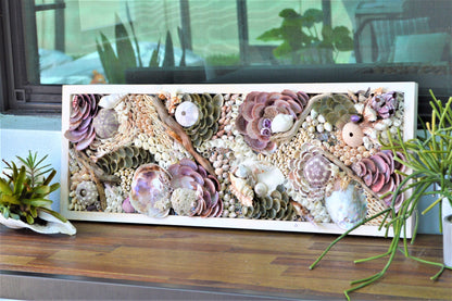 Handmade Sea Shells Coastal Wall Art 36x12" Seashells Driftwood Urchins Barnacles Coral Beach Décor Hanging Purple White Beige Seashell