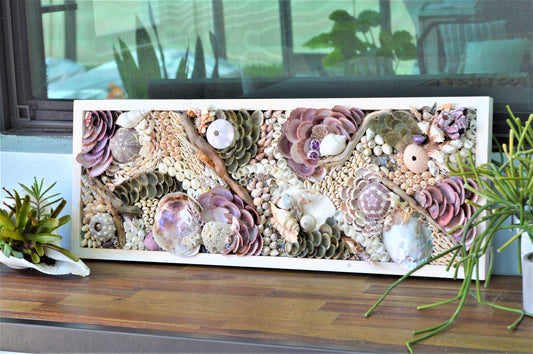 Handmade Sea Shells Coastal Wall Art 36x12" Seashells Driftwood Urchins Barnacles Coral Beach Décor Hanging Purple White Beige Seashell