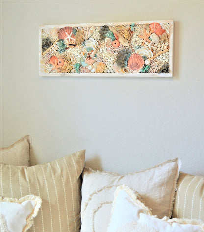 Seashell Wall Art Mermaid Collage 36x12" Handmade Coastal 3-D Dimensional Driftwood Urchins Coral White Beach Décor Turquoise & Coral