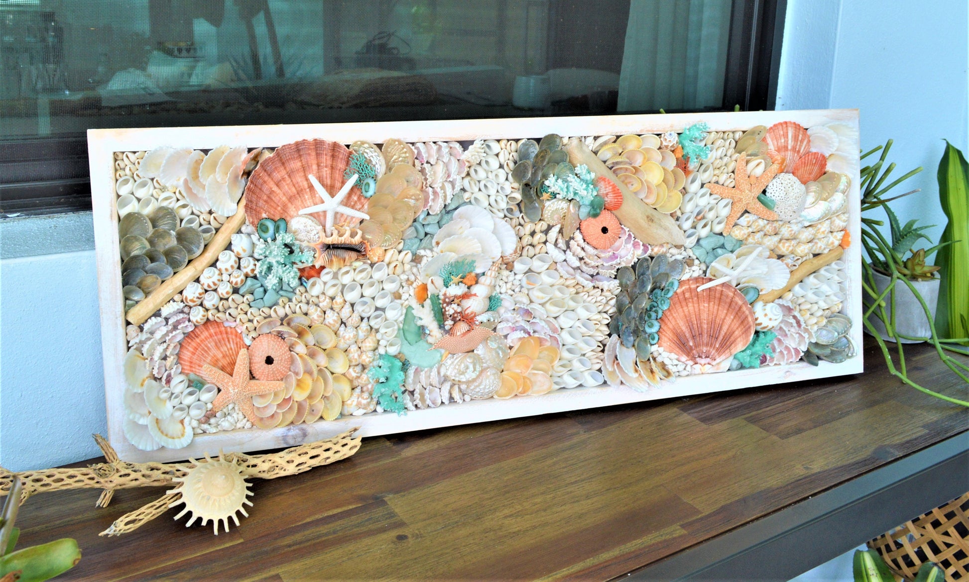 Seashell Wall Art Mermaid Collage 36x12" Handmade Coastal 3-D Dimensional Driftwood Urchins Coral White Beach Décor Turquoise & Coral