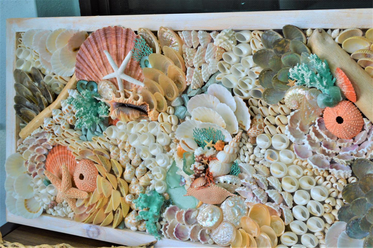 Seashell Wall Art Mermaid Collage 36x12" Handmade Coastal 3-D Dimensional Driftwood Urchins Coral White Beach Décor Turquoise & Coral