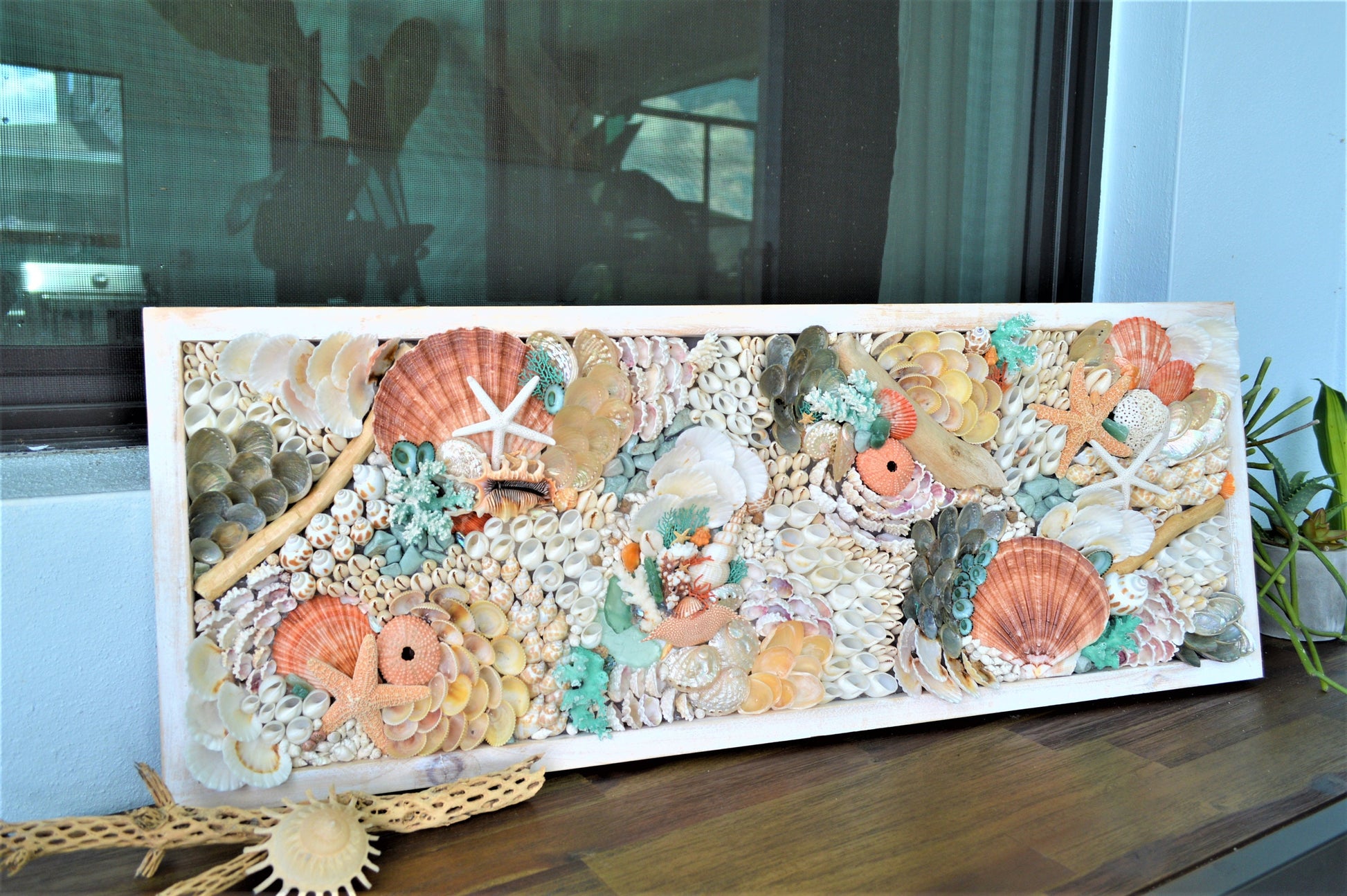 Seashell Wall Art Mermaid Collage 36x12" Handmade Coastal 3-D Dimensional Driftwood Urchins Coral White Beach Décor Turquoise & Coral