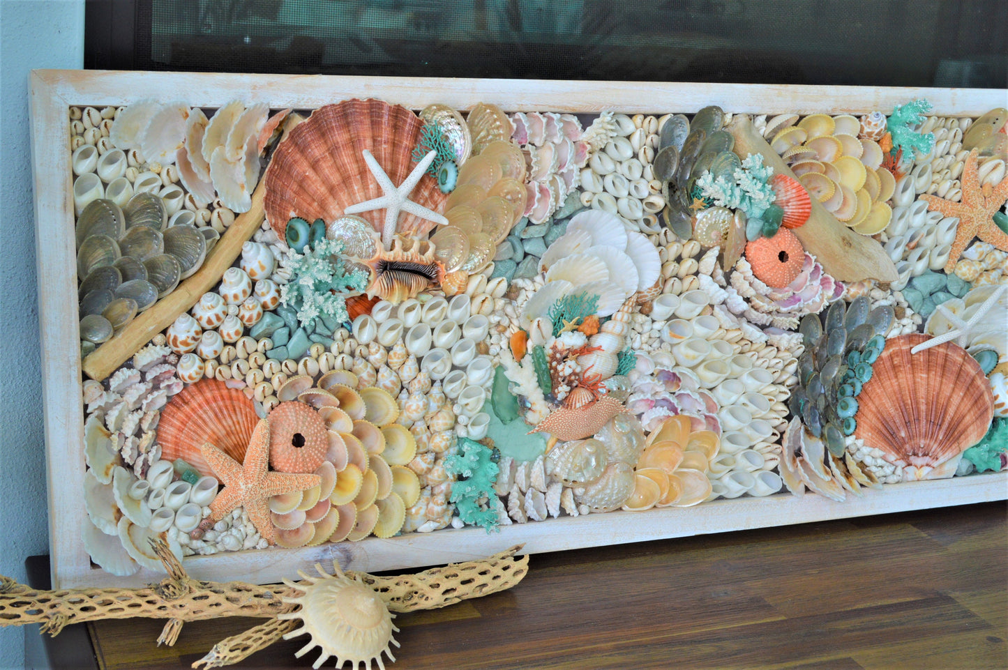 Seashell Wall Art Mermaid Collage 36x12" Handmade Coastal 3-D Dimensional Driftwood Urchins Coral White Beach Décor Turquoise & Coral