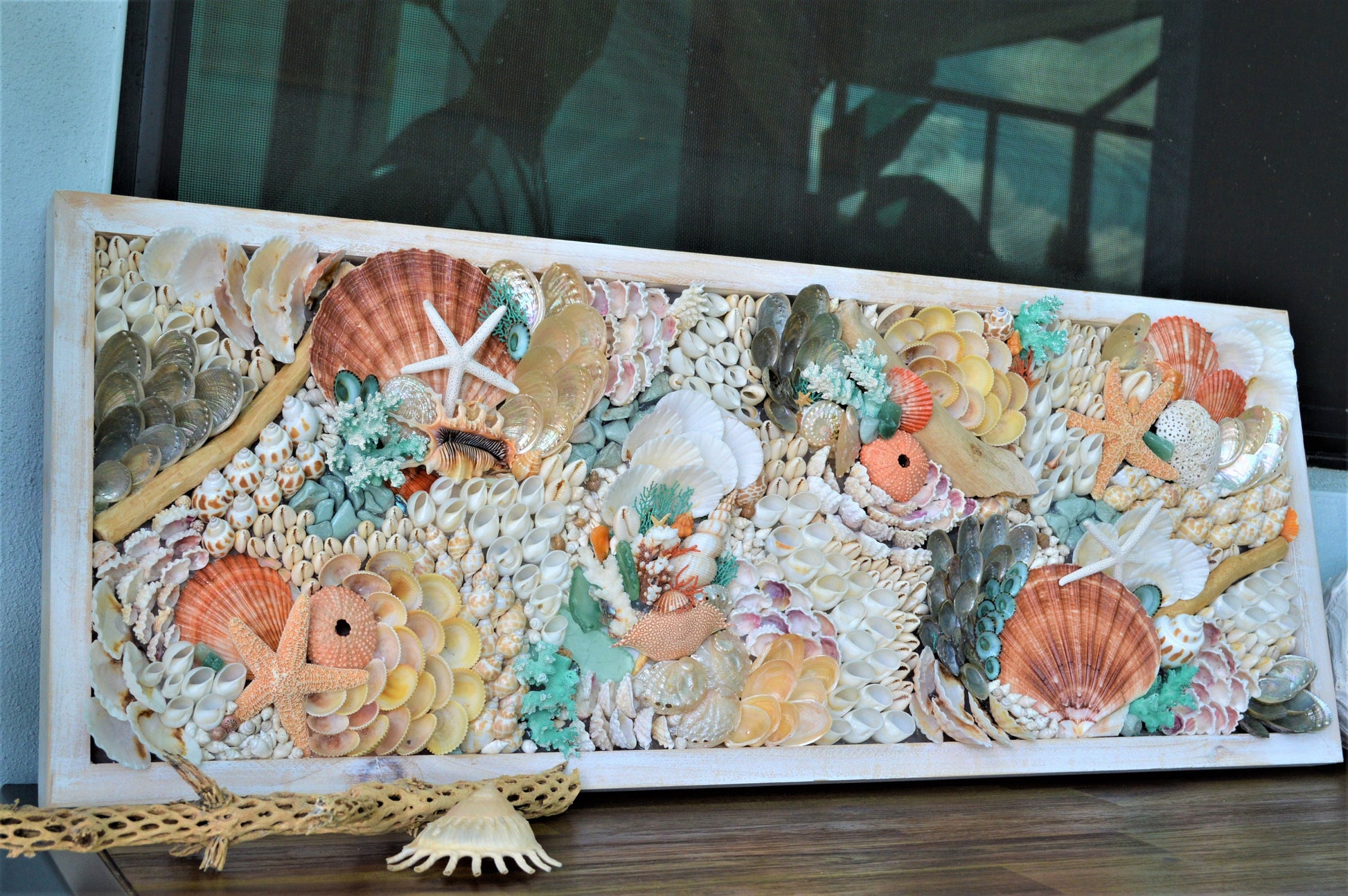 Seashell Wall Art Mermaid Collage 36x12" Handmade Coastal 3-D Dimensional Driftwood Urchins Coral White Beach Décor Turquoise & Coral