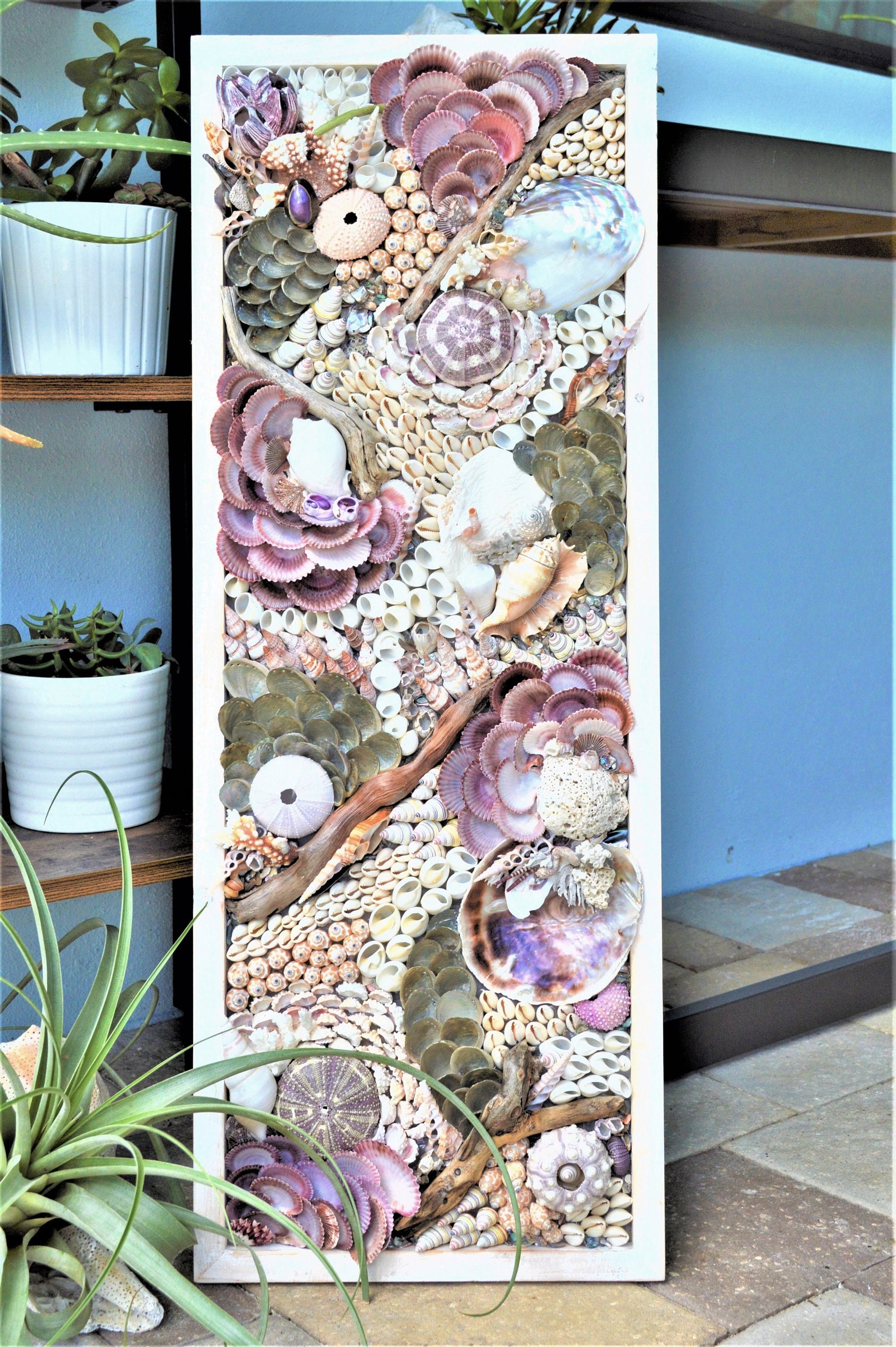 Handmade Sea Shells Coastal Wall Art 36x12" Seashells Driftwood Urchins Barnacles Coral Beach Décor Hanging Purple White Beige Seashell