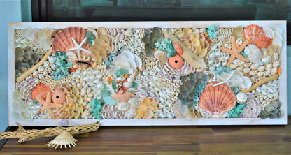 Seashell Wall Art Mermaid Collage 36x12" Handmade Coastal 3-D Dimensional Driftwood Urchins Coral White Beach Décor Turquoise & Coral