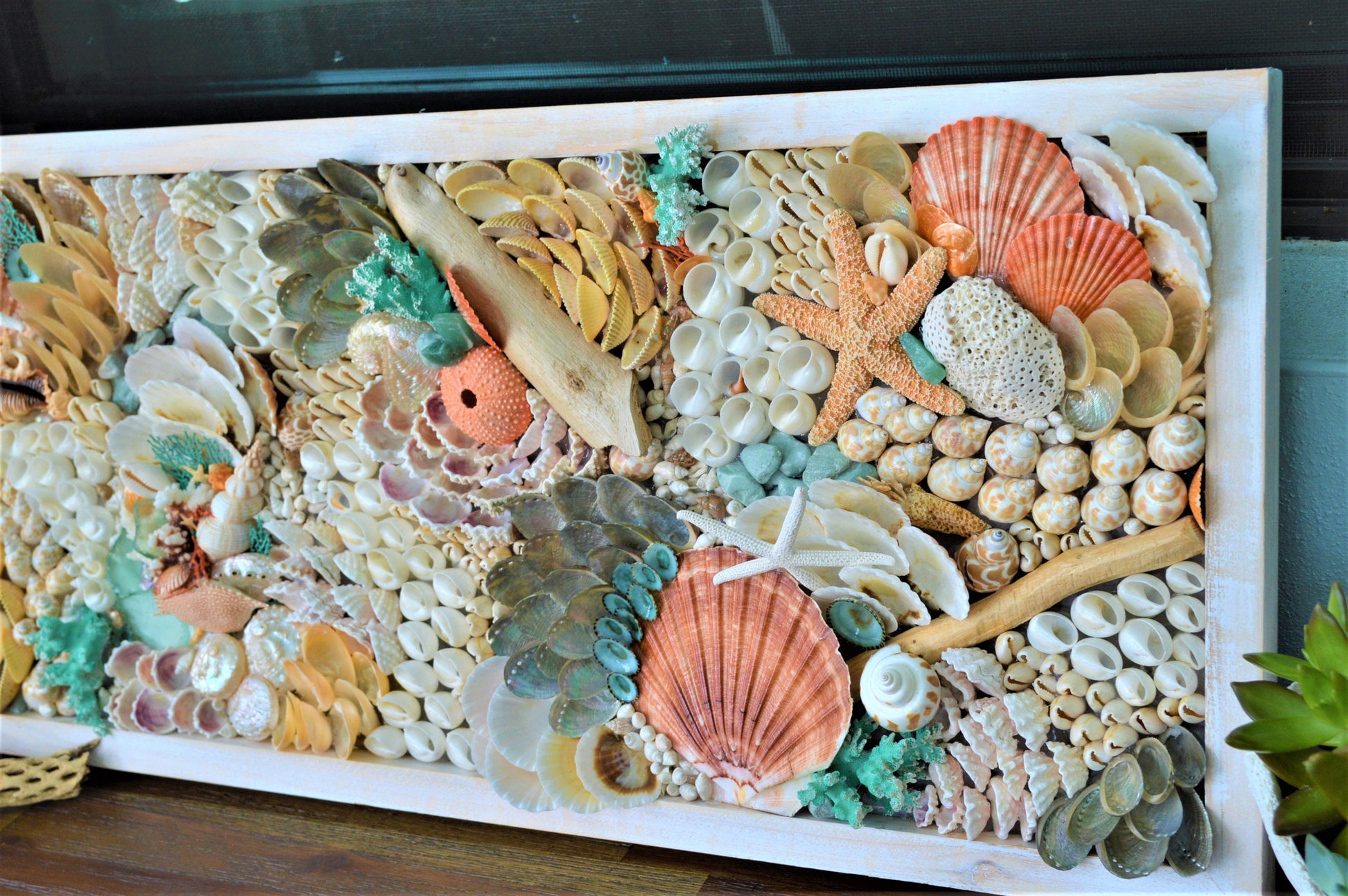 Seashell Wall Art Mermaid Collage 36x12" Handmade Coastal 3-D Dimensional Driftwood Urchins Coral White Beach Décor Turquoise & Coral