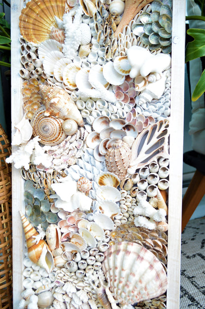 Handmade Sea Shell Coastal Wall Art 36x12" Modern Dimensional Seashell Collage Décor Urchins Coral Neutral Tones