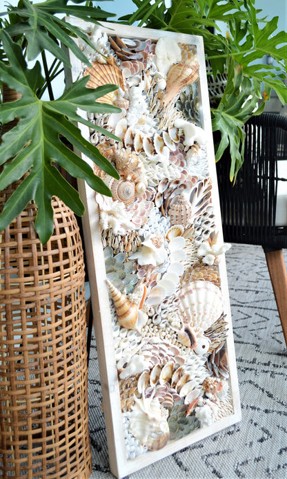 Handmade Sea Shell Coastal Wall Art 36x12" Modern Dimensional Seashell Collage Décor Urchins Coral Neutral Tones