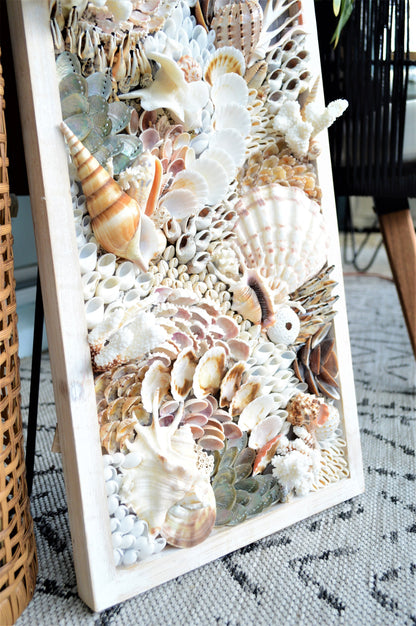 Handmade Sea Shell Coastal Wall Art 36x12" Modern Dimensional Seashell Collage Décor Urchins Coral Neutral Tones