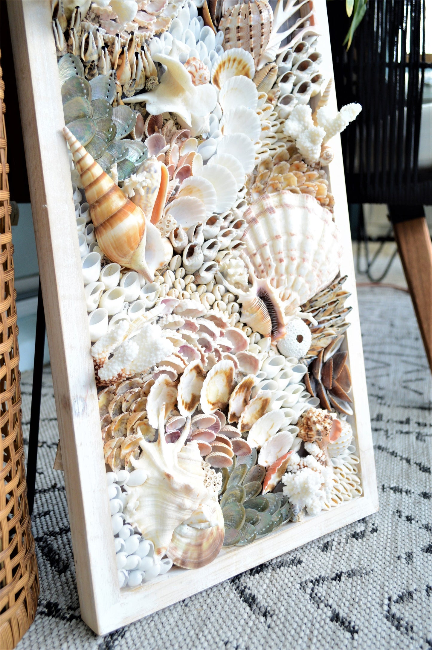 Handmade Sea Shell Coastal Wall Art 36x12" Modern Dimensional Seashell Collage Décor Urchins Coral Neutral Tones