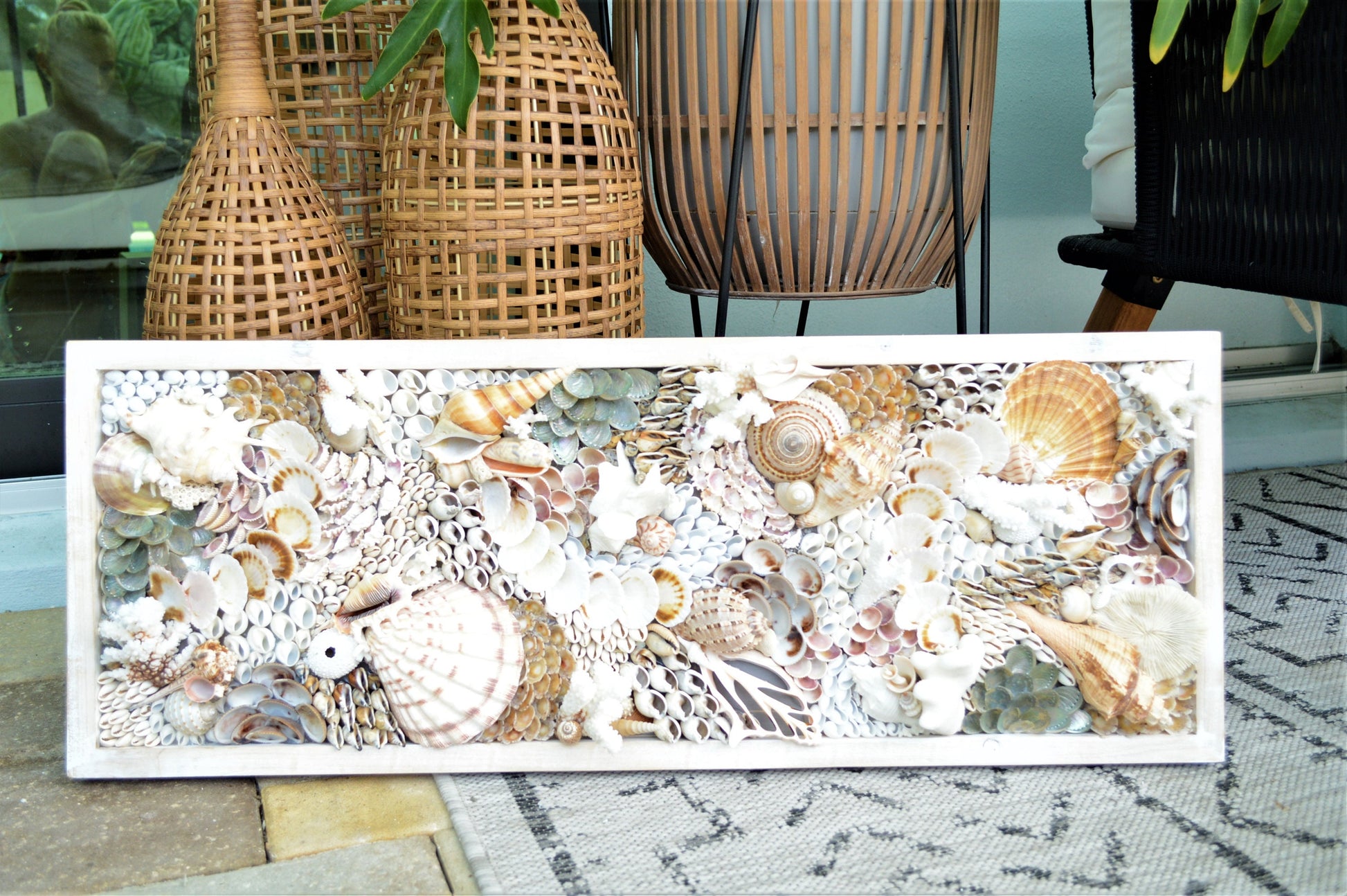 Handmade Sea Shell Coastal Wall Art 36x12" Modern Dimensional Seashell Collage Décor Urchins Coral Neutral Tones
