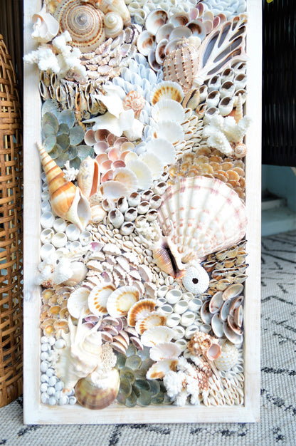 Handmade Sea Shell Coastal Wall Art 36x12" Modern Dimensional Seashell Collage Décor Urchins Coral Neutral Tones