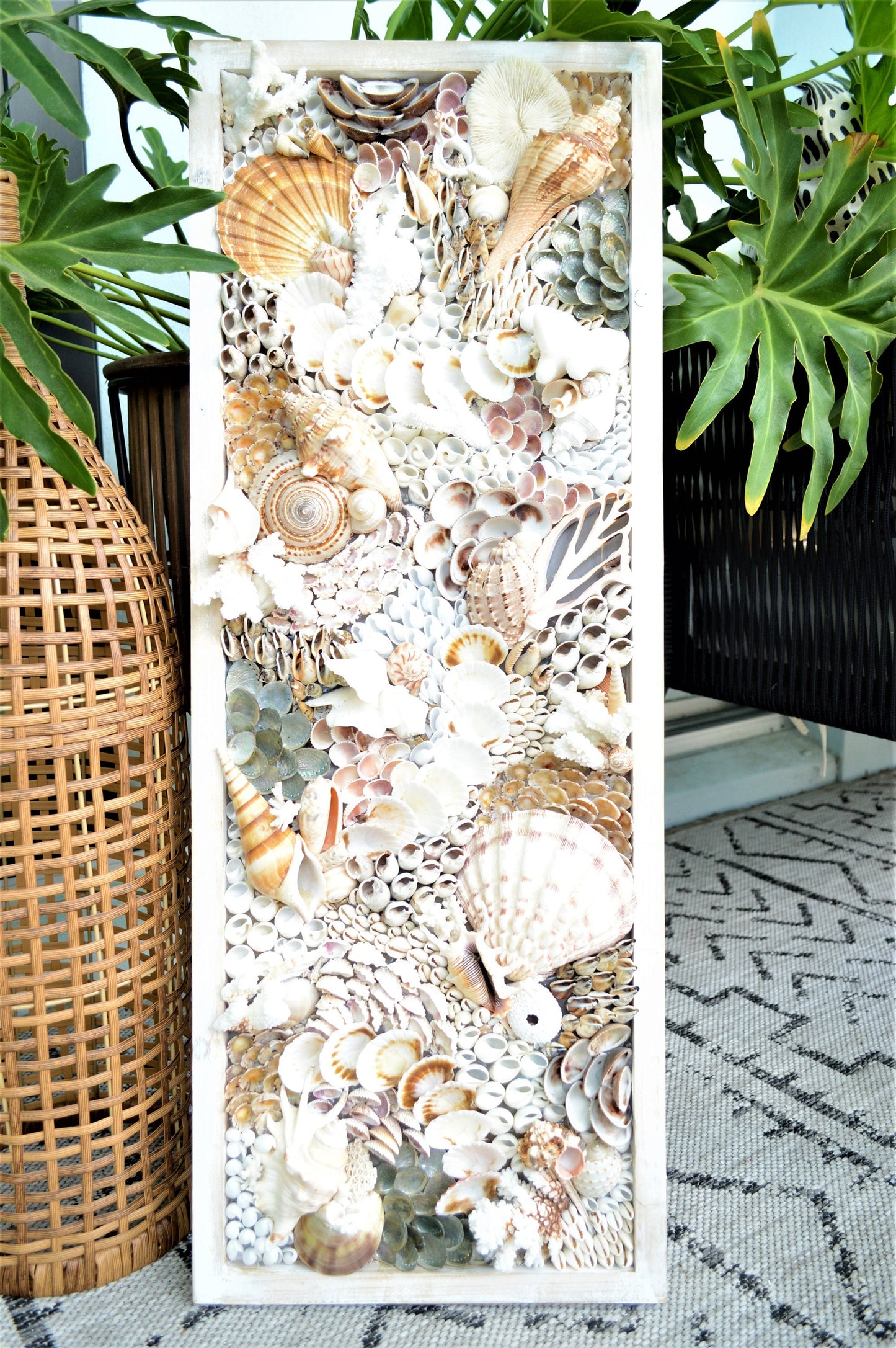 Handmade Sea Shell Coastal Wall Art 36x12" Modern Dimensional Seashell Collage Décor Urchins Coral Neutral Tones