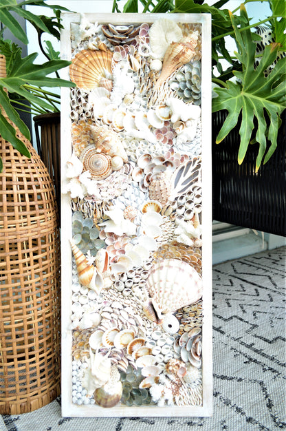 Handmade Sea Shell Coastal Wall Art 36x12" Modern Dimensional Seashell Collage Décor Urchins Coral Neutral Tones