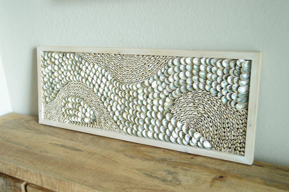 Minimalist Sea Shell Modern Coastal Wall 36x12" Art Framed Cowrie Abalone Seashells On Wood Textured Beach Hanging Beige Grey Silver