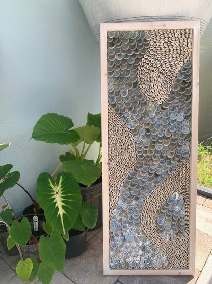 Minimalist Sea Shell Modern Coastal Wall 36x12" Art Framed Cowrie Abalone Seashells On Wood Textured Beach Hanging Beige Grey Silver