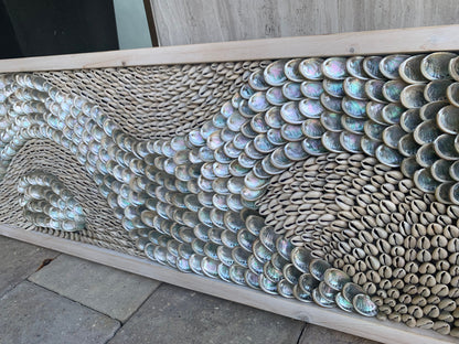 Minimalist Sea Shell Modern Coastal Wall 36x12" Art Framed Cowrie Abalone Seashells On Wood Textured Beach Hanging Beige Grey Silver