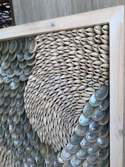 Minimalist Sea Shell Modern Coastal Wall 36x12" Art Framed Cowrie Abalone Seashells On Wood Textured Beach Hanging Beige Grey Silver