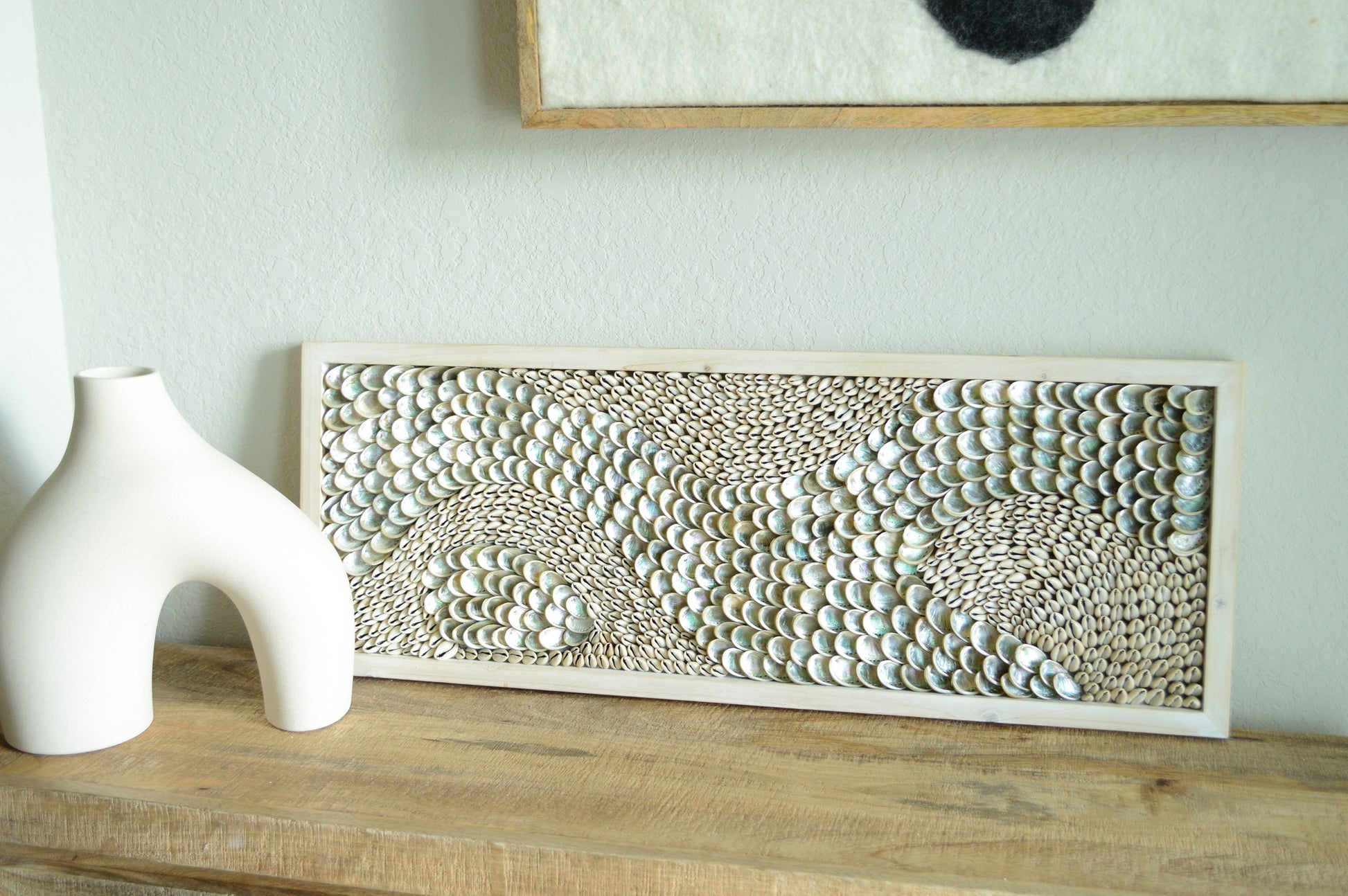 Minimalist Sea Shell Modern Coastal Wall Art 36x12" Framed Cowrie Abalone Seashells On Wood Textured Beach Hanging Beige Grey Silver
