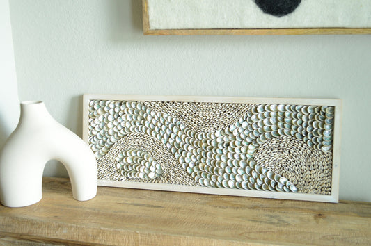 Minimalist Sea Shell Modern Coastal Wall 36x12" Art Framed Cowrie Abalone Seashells On Wood Textured Beach Hanging Beige Grey Silver