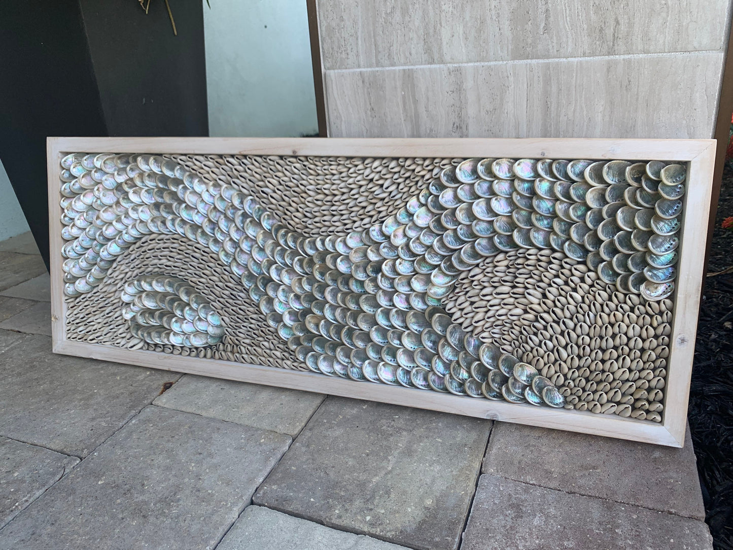 Minimalist Sea Shell Modern Coastal Wall 36x12" Art Framed Cowrie Abalone Seashells On Wood Textured Beach Hanging Beige Grey Silver
