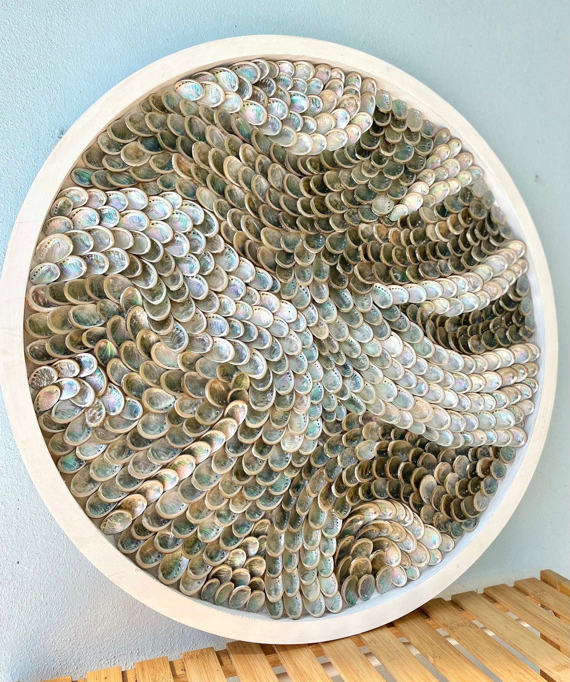 Handmade Modern Coastal Shell Wall Art Natural Textured Abalone Seashells 24" Round Beach House Décor White Silver