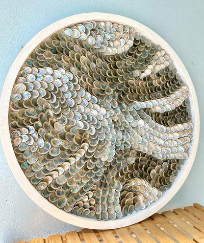 Handmade Modern Coastal Shell Wall Art Natural Textured Abalone Seashells 24" Round Beach House Décor White Silver