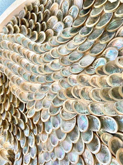 Handmade Modern Coastal Shell Wall Art Natural Textured Abalone Seashells 24" Round Beach House Décor White Silver