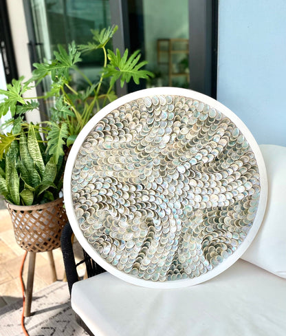 Handmade Modern Coastal Shell Wall Art Natural Textured Abalone Seashells 24" Round Beach House Décor White Silver